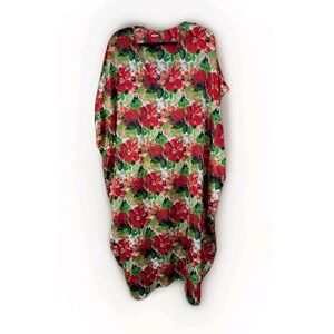 Classic Beach Cover Kaftan Dress Red Rose Floral Print Maxi Romantic V Neck